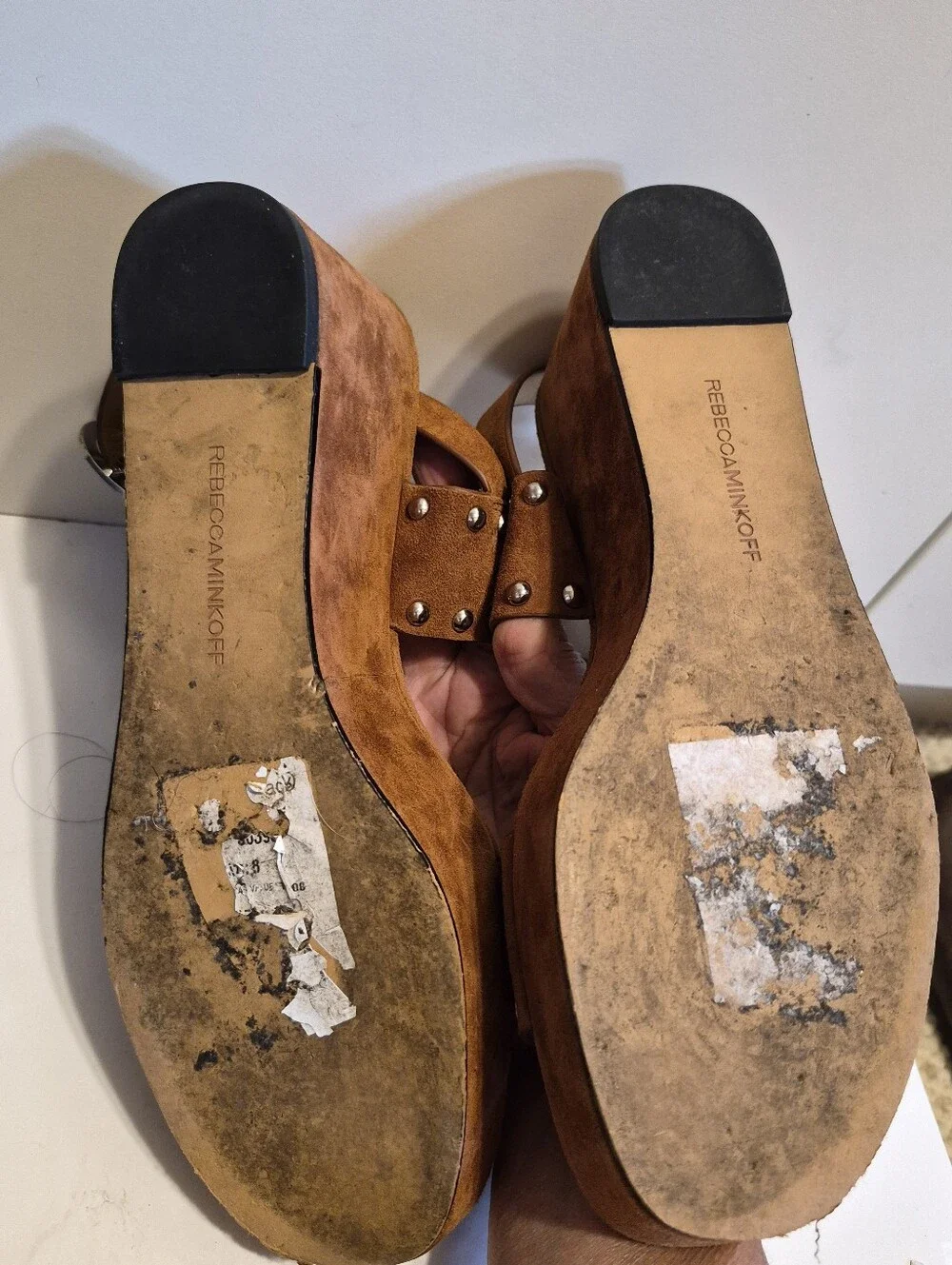 Rebecca Minkoff Brown Suede Studded Platform Wedge Sandals Sz. 8M Ret.$250